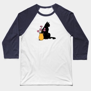 Playful Black Cat in yellow Baseball T-Shirt